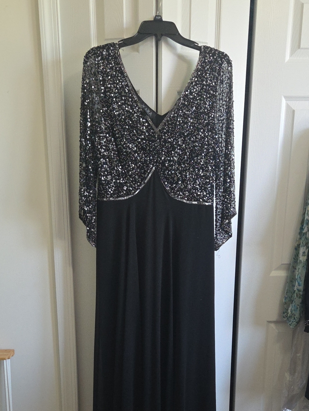 J Kara Black Sequin V-Neck Maxi Dress with Draped Sequin Bodice